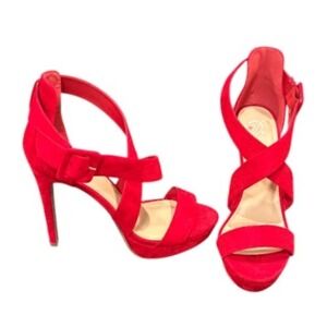 Red Velvet Platform Heels Ankle Strap Criss‎ Cross Sandals Size 9 (See Note)